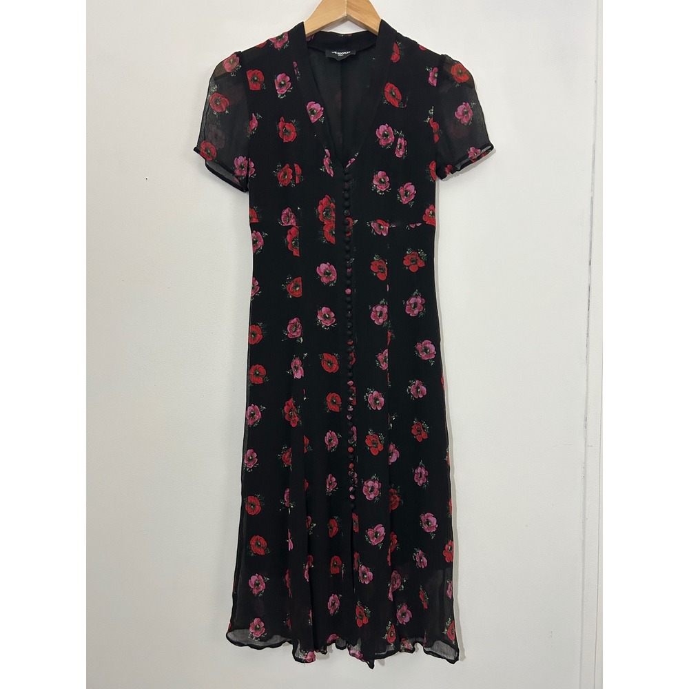 The Kooples Paris Silk Poppy Floral Button Front Midi Dress Black Red Size 1